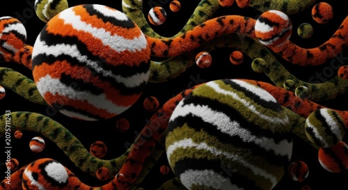 Vibrant digitally rendered illustration of tiger striped spheres and tentacle like objects on black background