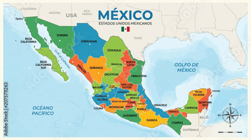 Bild auf Leinwand Mexico map with states and regions labeled in spanish