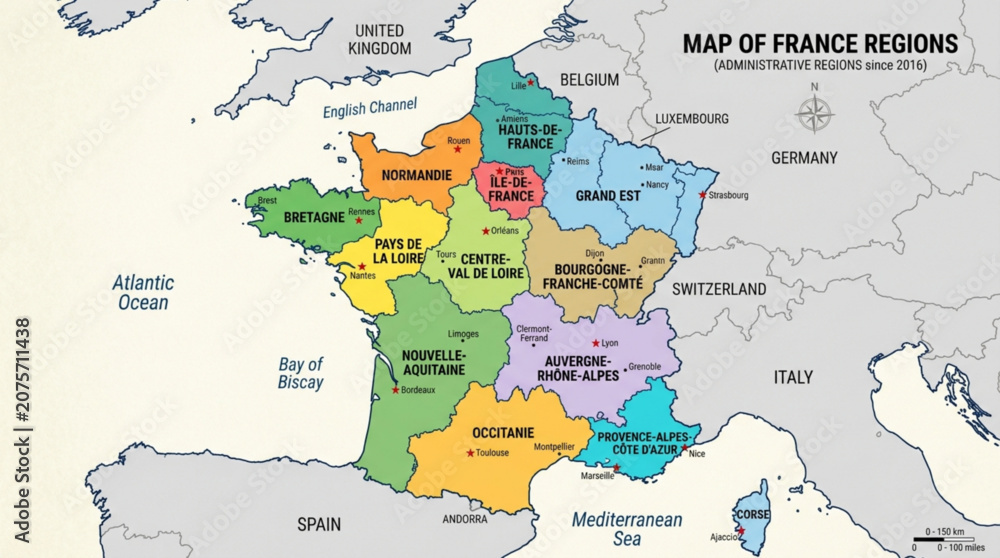 Fototapeta premium Map of france regions administrative areas since 2016