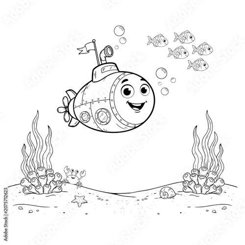 Cartoon submarine coloring page for kids, underwater sea life outline vector, cute submarine character with fish and coral reef illustration