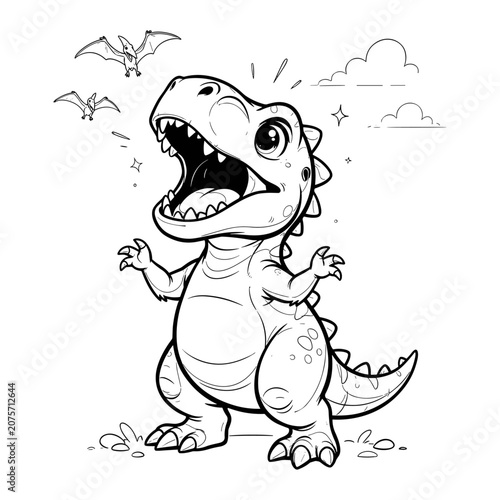 Cute dinosaur coloring page vector, cartoon baby tyrannosaurus rex line art, prehistoric t-rex illustration for kids activity book