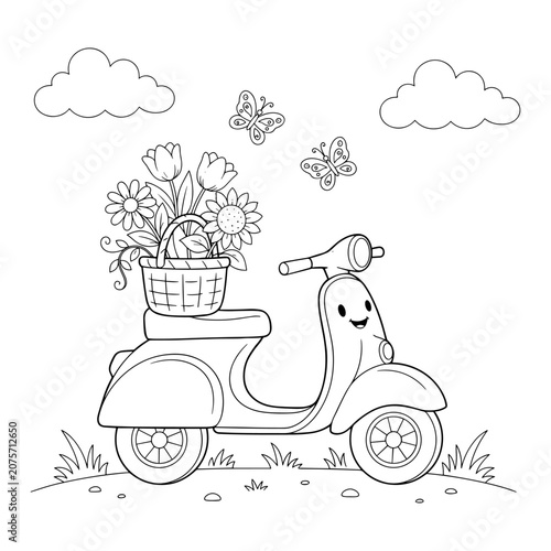 Cute cartoon scooter coloring page for kids, hand drawn moped with flower basket and butterflies, black and white line art vector illustration