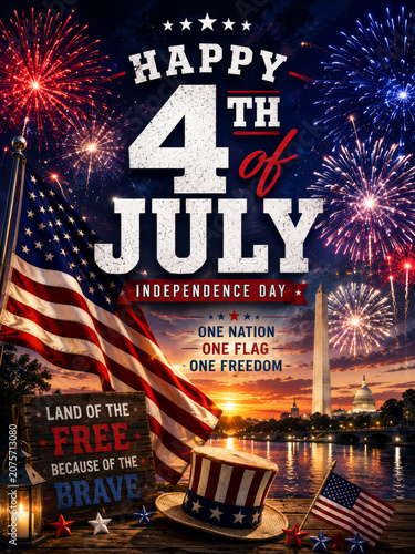  AI-Generated image featuring a patriotic Fourth of July celebration with American flags.