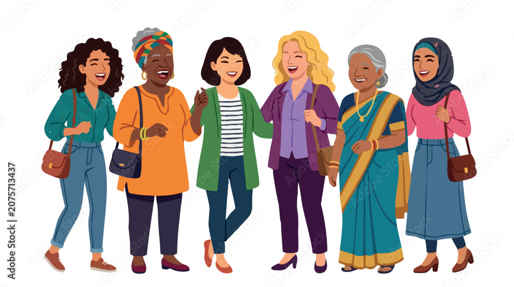 Obraz premium Diverse group of women of different ages and ethnicities laughing together Isolated on white background