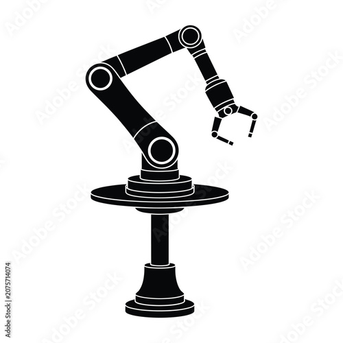 Robotic arm silhouette on a pedestal black and white vector graphic