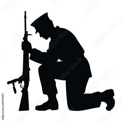 Soldier silhouette with rifle kneeling in a black and white graphic