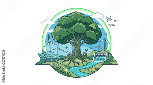 Renewable Energy Ecosystem: Tree, Wind Turbines, Solar Panels, Water Dam, Deer