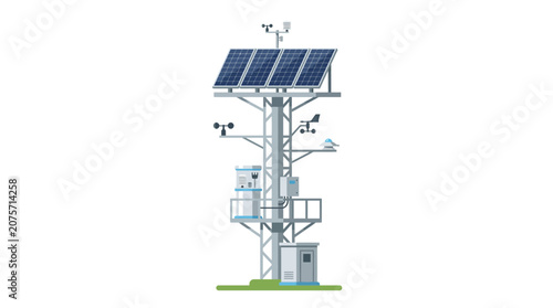 Weather Station Tower with Solar Panels and Anemometer - Flat Design