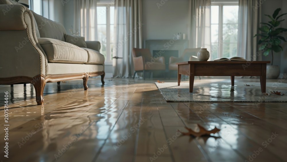 Fototapeta premium Modern living room interior flooded with standing water on hardwood flooring