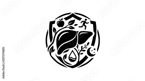 Human Liver Protection Emblem with Healthy Nutrition Exercise and Sleep Icons