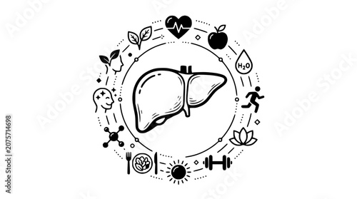 Human Liver Organ with Healthy Lifestyle Icons for Detox and Wellness Concept