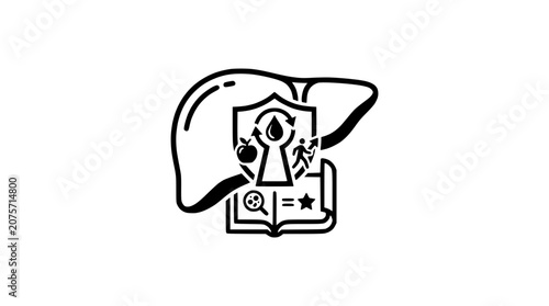 Human liver health protection and detoxification concept with shield and healthy lifestyle icons