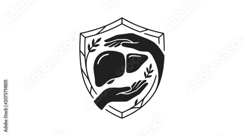 Human Liver Health Protection Concept with Hands and Shield Vector Icon