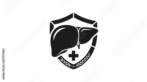 Human Liver Health Protection Shield Icon with Medical Cross