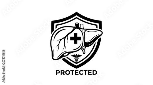 Human Liver Health Protection Emblem with Shield and Medical Cross