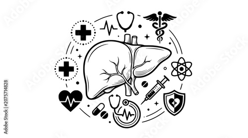 Human Liver Medical Concept Illustration with Healthcare Symbols and Health Icons