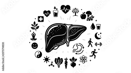 Human liver organ health and detox concept with lifestyle icons for wellness and medical care