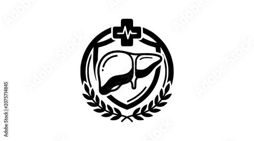 Human liver organ health logo icon with medical cross and laurel wreath