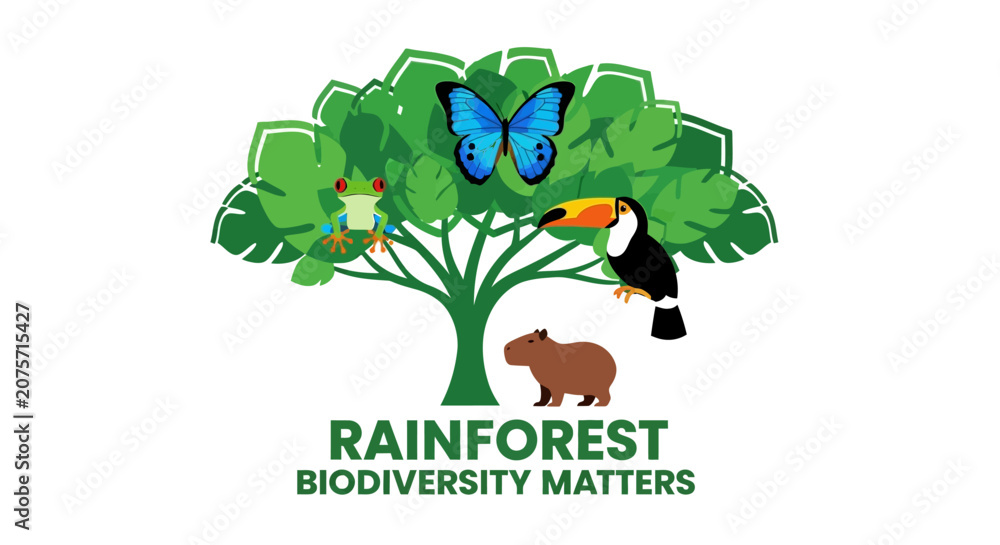 Obraz premium Rainforest Biodiversity Matters: Tree with Animals and Butterfly