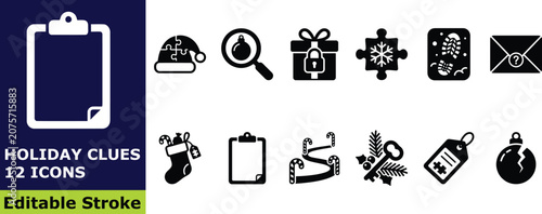 Holiday clues and mystery icon set, 12 vector pictograms of Christmas riddles, puzzles, and festive secret investigation elements
