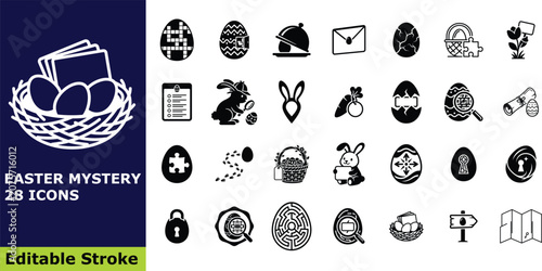 Easter mystery and egg hunt icon set, 28 vector pictograms of festive clues, riddles, secret investigation elements, and spring celebration symbols
