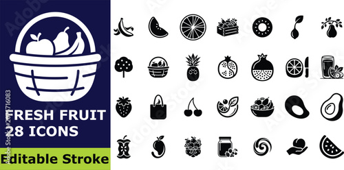 Fresh fruit and healthy food icon set, 28 vector pictograms of tropical fruits, berries, and organic nutrition elements for diet and lifestyle design
