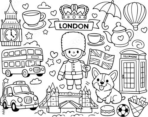 united kingdom UK landmarks cartoon outline hand drawn Line Art illustration doodle art coloring page for kids