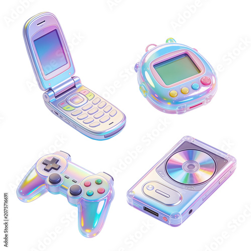 3D Retro Y2K Gadgets and Holographic Electronics Icon Set