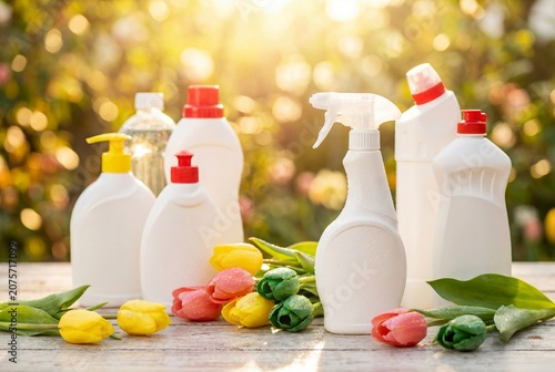 White blank detergent bottles and spring tulips on wooden table against blurred sunny garden background. Eco friendly cleaning concept.
