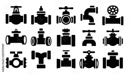 Bild auf Leinwand Industrial plumbing fixtures collection diverse black silhouette icons for water