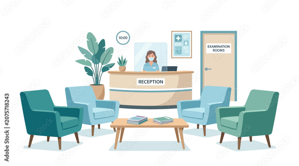 Fototapeta premium Doctor's office reception waiting area with masked receptionist and chairs