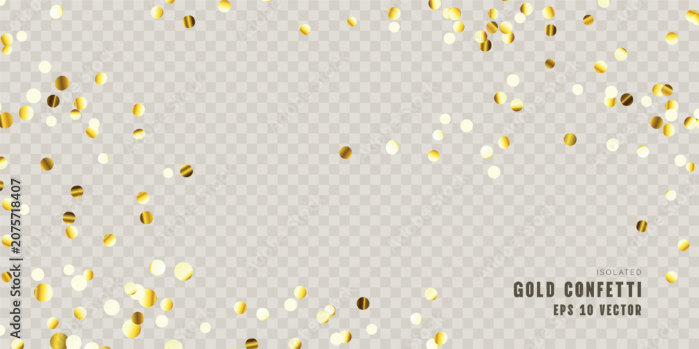Fototapeta premium Sparkling gold confetti, scattered glittering golden sparkles, isolated on a transparent background. Perfect for holiday designs and cards. Vector illustration.