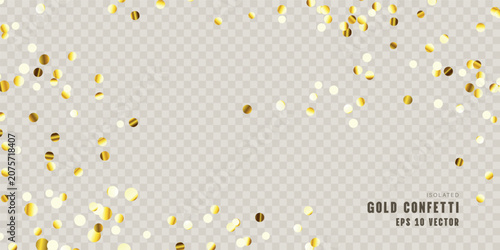Sparkling gold confetti, scattered glittering golden sparkles, isolated on a transparent background. Perfect for holiday designs and cards. Vector illustration.