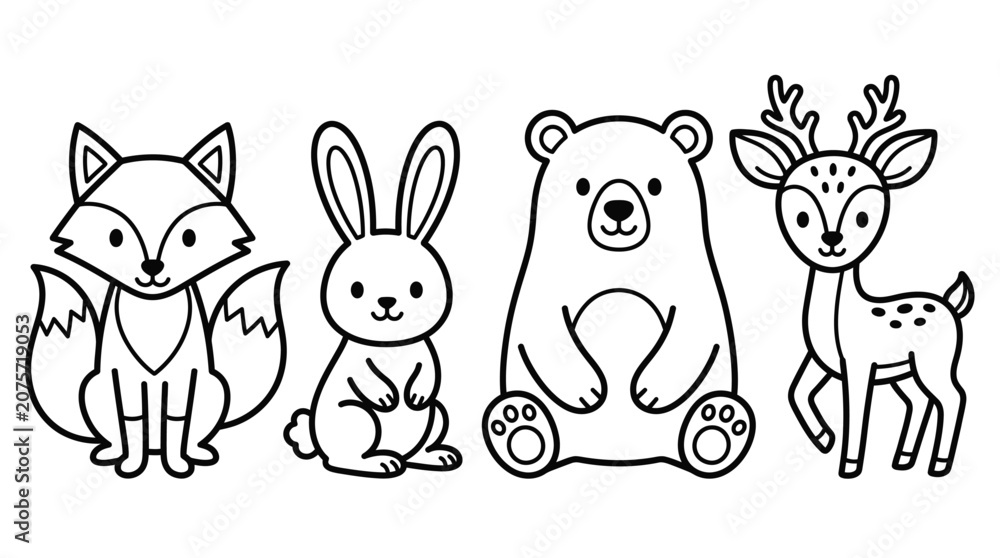 Fototapeta premium Cute Forest Woodland Animals Coloring Page Outline Illustration with Fox Rabbit Bear and Deer for Kids