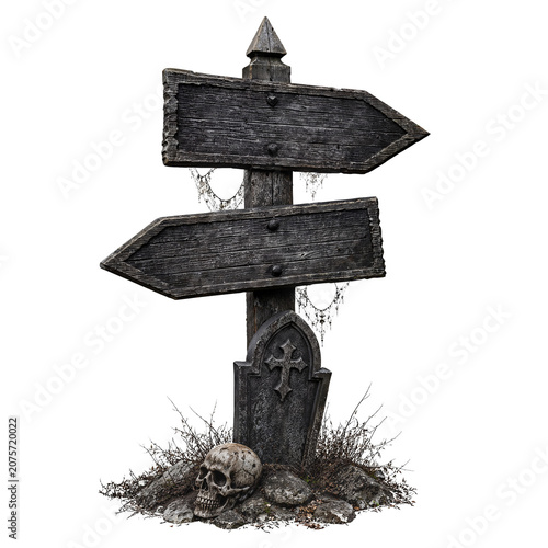 Spooky Halloween Wooden Signpost with Skull and Tombstone