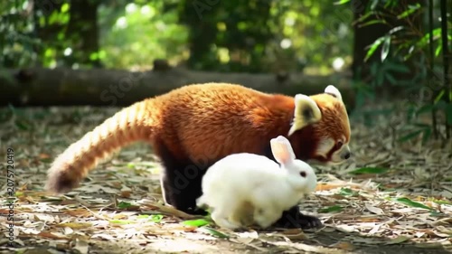 Red panda walking near white rabbit in forest.