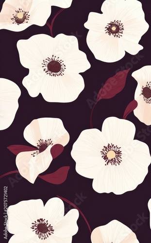 Elegant White Anemone Flowers Seamless Pattern on Dark Background Botanical Illustration