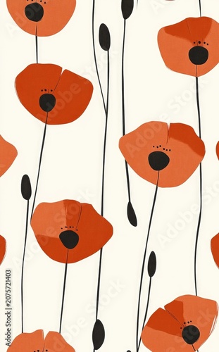 Minimalist Seamless Red Poppy Flower Pattern on Light Background Modern Botanical Design