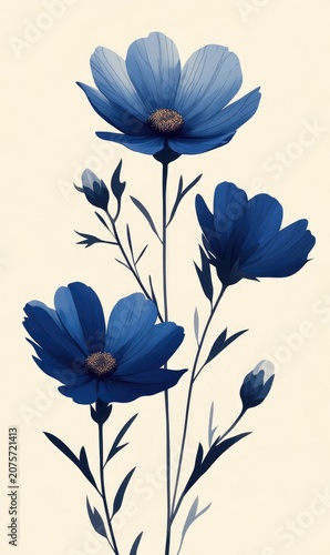 Minimal Blue Cosmos Wildflowers Botanical Illustration on Light Background Elegant Floral Composition