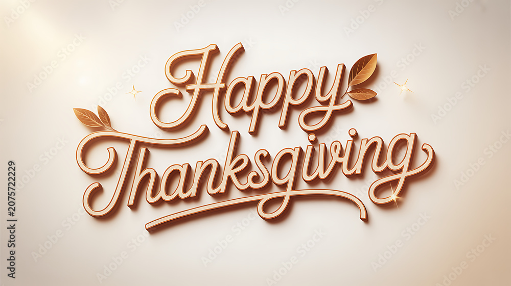 Obraz premium Golden Happy Thanksgiving text with leaves and stars on beige gradient background transparent background