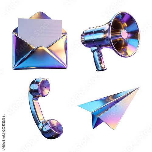 3D Holographic Chrome Communication and Marketing Icon Set