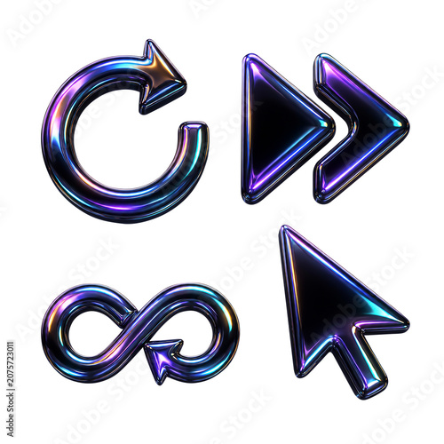 3D Holographic Dark Chrome UI Arrow and Cursor Icon Set