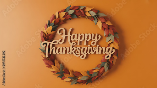 Happy Thanksgiving greeting card with colorful autumn leaves wreath on orange background transparent background