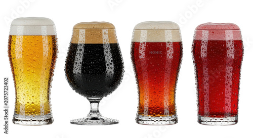 Four tall crystal glasses of craft beer with condensation: lager, stout, amber ale, and red ale on a white background. Concept for beverage advertising