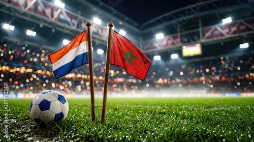 Netherlands and morocco flags on a soccer field at night