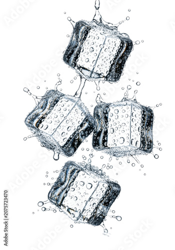 Four square ice cubes with condensation captured mid-air on a white background using high-speed photography. Concept for beverage advertising.