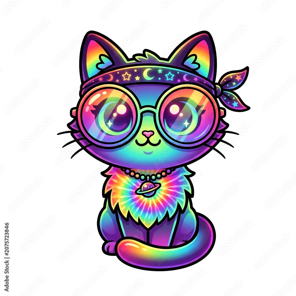 Fototapeta premium Cute rainbow space cat wearing glasses and a tie dye bandana illustration