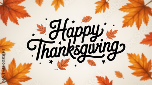 Happy Thanksgiving greeting with autumn leaves and stars on beige background transparent background