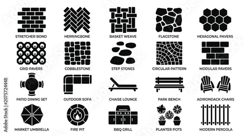 Bild auf Leinwand Paving patterns and patio furniture icon set for outdoor living design featuring stone textures and backyard seating symbols in professional black flat style for site plans