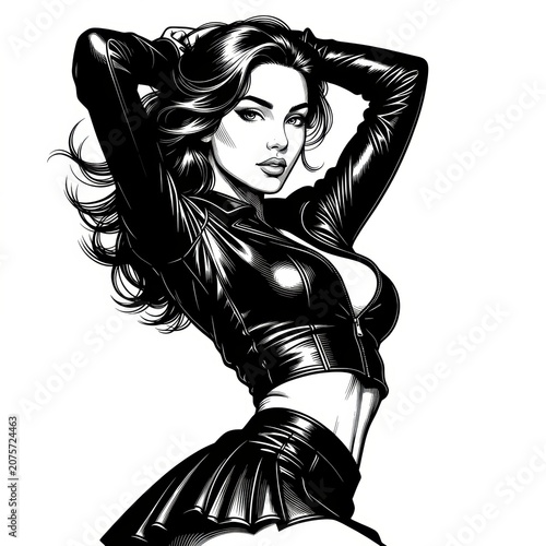 A glamorous fictional woman wearing a shiny leather crop jacket and matching skirt, posing confidently with her hands behind her head in a classic pin-up inspired fashion portrait. 